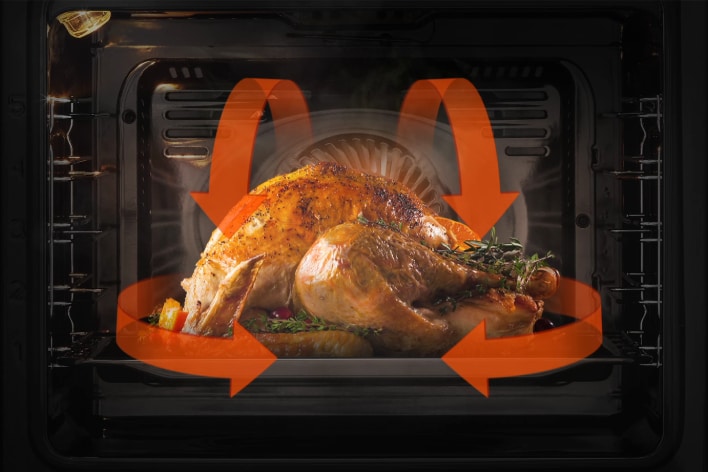 Pollo arrosto che cuoce in un forno con flusso di calore per convezione in modo uniforme