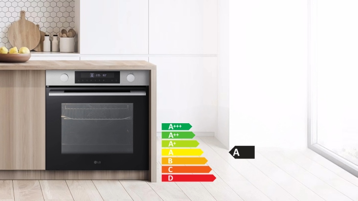 Cucina moderna con forno a incasso ad alta efficienza energetica e tabella di classificazione energetica