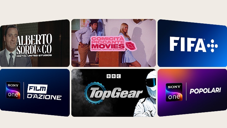 Sullo schermo vengono visualizzate sei miniature di programmi TV, che rappresentano una selezione diversificata di LG Channels, tra cui sport, notizie, intrattenimento per bambini e programmi di lifestyle.