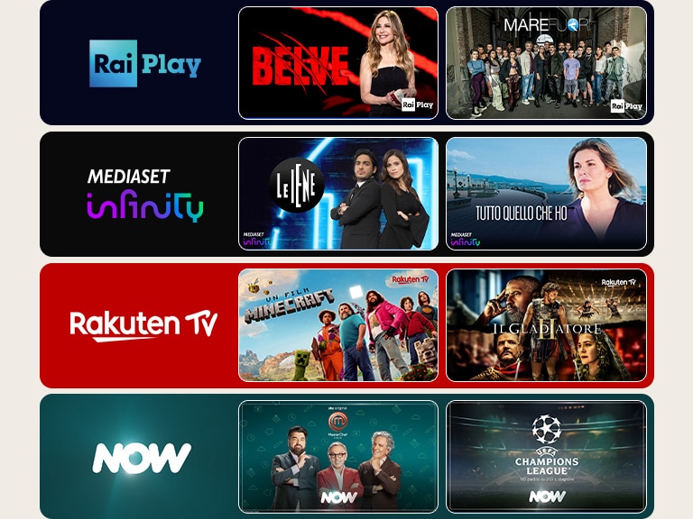 Quattro riquadri colorati con i loghi dei servizi di streaming più popolari, ciascuno con due miniature di programmi TV, che illustrano una selezione diversificata di contenuti in streaming, tra cui programmi, film e documentari.