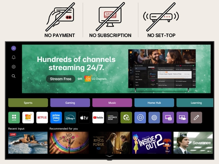 Home screen della Smart TV di LG che naviga verso l’interfaccia LG Channels, mostrando una varietà di canali TV in diretta gratuiti, film e contenuti esclusivi disponibili senza abbonamento, pagamento o decoder. Il video evidenzia la facilità di accesso a centinaia di opzioni di intrattenimento integrate direttamente in ogni Smart TV di LG.