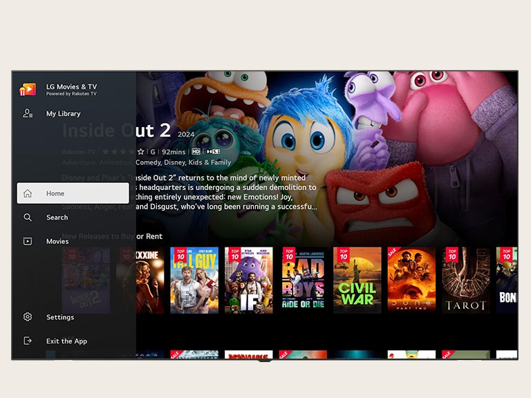Schermata delle impostazioni della LG TV che mostra una selezione di film da LG Movies & TV, con un’ampia gamma di film, dagli ultimi successi ai classici rari, con consigli personalizzati in base alla cronologia di visione.