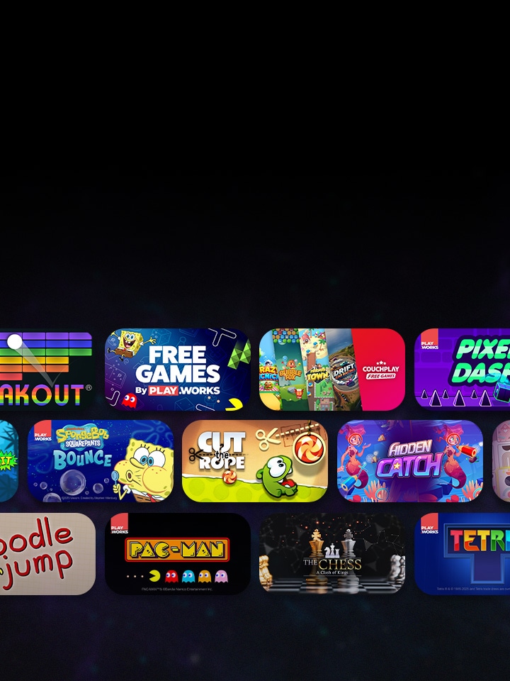 Varie miniature di giochi casuali disposte su tre righe sulla LG TV; offrono centinaia di giochi gratuiti facili da giocare, per divertirsi da soli o in modalità multigiocatore usando solo il telecomando.