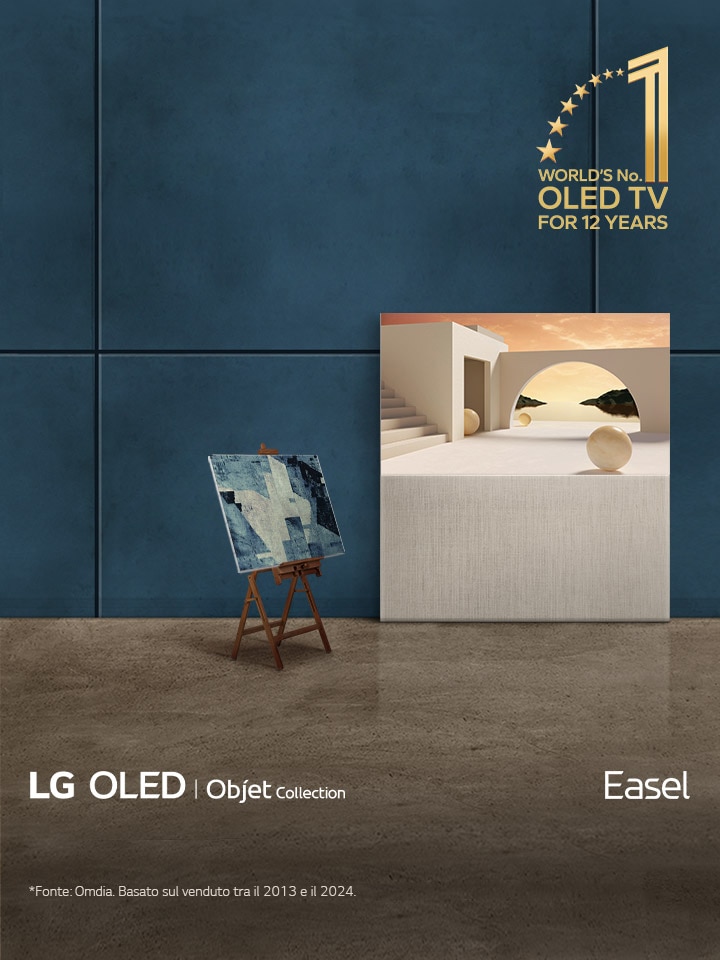 Il televisore LG OLED Easel è appoggiato a una parete. Accanto è stato posizionato un vero e proprio dipinto su un cavalletto. Grazie al design del televisore, sembra un’opera d’arte su un cavalletto. L’emblema della OLED TV numero 1 al mondo da 12 anni si trova nell’angolo. Sono inoltre visibili i loghi dei prodotti LG OLED, Objet Collection e Easel.