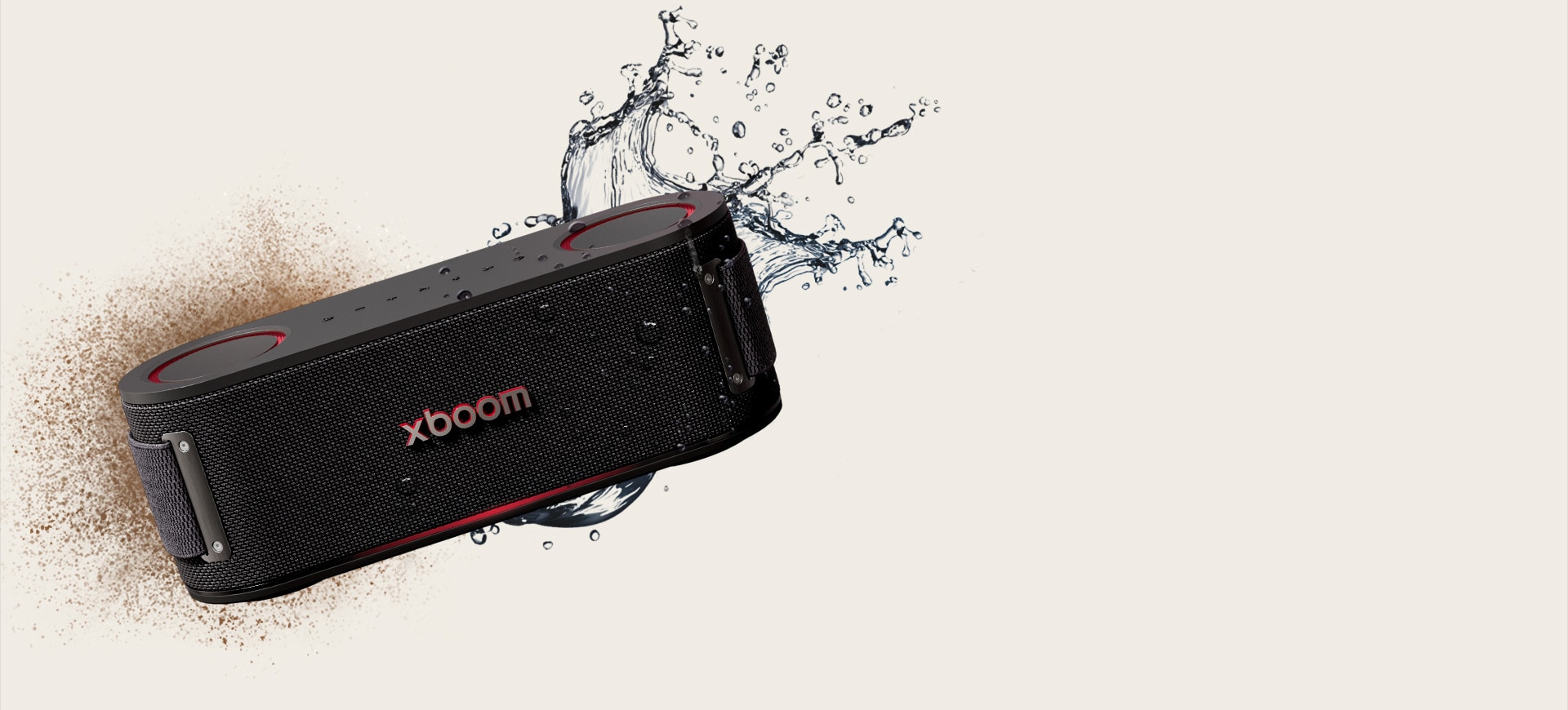 xboom Bounce su della terra a sinistra e spruzzi d'acqua a destra.