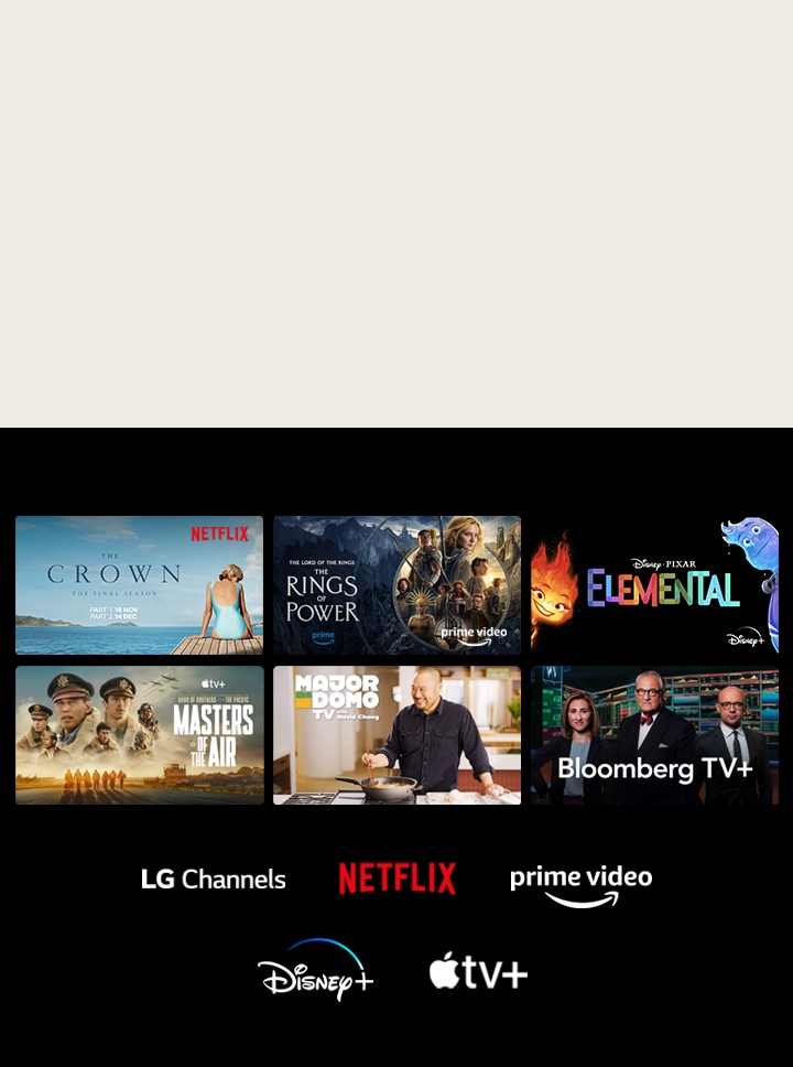 6 miniature di film e programmi TV con i loghi di LG Channels, Netflix, Prime Video, Disney+ e Apple TV+.