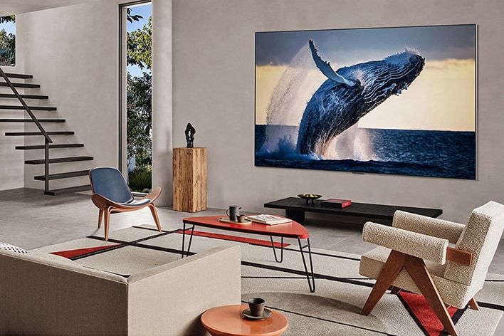 Salotto con una TV montata a parete. Sullo schermo l’immagine di alta qualità di una balena che emerge dall’acqua.