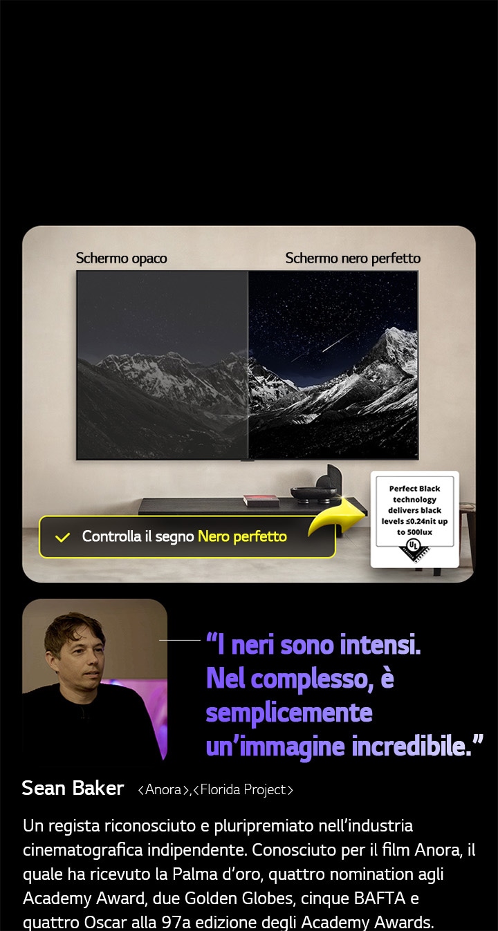 LG OLED TV montata a parete Sullo schermo si vede una catena montuosa sullo sfondo di un cielo serale pieno di stelle. Lo schermo è divisa a metà. Su un lato si legge Non Perfect Black, i colori sono spenti e grigi, le stelle sono appena visibili. Sull’altro lato dello schermo si legge Perfect Black, i neri sono profondi e scuri, le stelle sono luminose e bianche, il che produce un’immagine molto piacevole con un contrasto elevato.