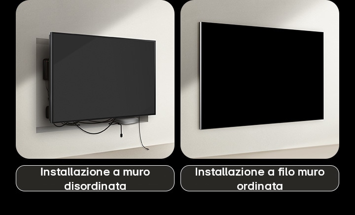 Confronto tra un TV cablato e un TV True Wireless di LG per quanto riguarda l’installazione. Per quanto riguarda i televisori cablati, sembra che sia stata necessaria una costruzione supplementare per cercare di nascondere tutti gli altri dispositivi dietro il televisore. L’impianto e i cavi disordinati sono ancora visibili attraverso le fessure. L’etichetta recita: installazione a parete a costi aggiuntivi. Per quanto riguarda il modello True Wireless di LG, il televisore è montato a parete in modo ordinato. Non sono visibili cavi né dispositivi. L’etichetta recita: senza problemi e senza costi di installazione.