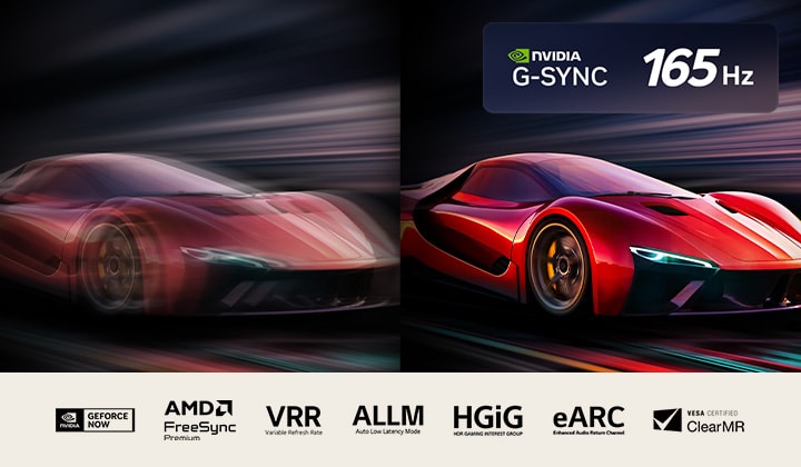 Due immagini affiancate di un’auto in un videogioco. Una mostra molta sfocatura da movimento. L’altra è nitida e a fuoco e mostra l’alta frequenza dei fotogrammi della LG OLED TV. Sono visibili il logo Nvidia G-Sync, il logo 165Hz e altre certificazioni pertinenti.
