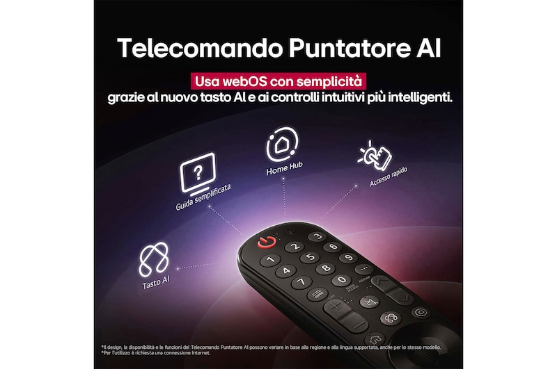 Schermo della LG TV con un AI Magic Remote in primo piano. Il pulsante AI è messo in evidenza e un fumetto mostra il testo: “Suggerisci un film che mi piace”. Sullo schermo compare l’icona dell’utente E, che indica come AI Voice ID sia riuscito a identificare l’utente in questione e di fornire raccomandazioni personalizzate solo in base alla sua voce.