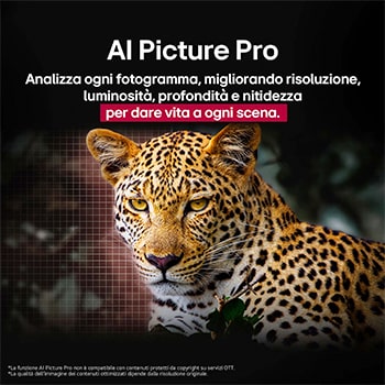 Leopardo nella foresta, dai colori vividi e ricco di dettagli. Il leopardo ha una griglia e una luce che brilla dietro di esso, indicando come LG AI Picture Pro ha apportato notevoli miglioramenti visivi alla risoluzione, alla luminosità, alla profondità e alla chiarezza della scena.