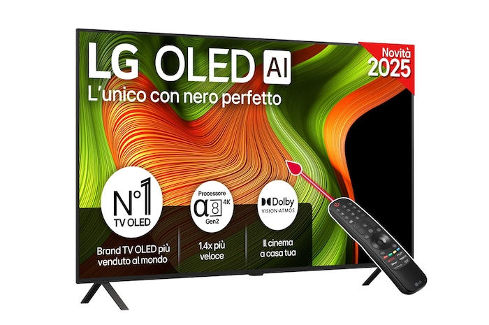 Vista frontale di una TV 55 pollici LG OLED AI B5 4K Smart TV 2025 OLED55B56LA