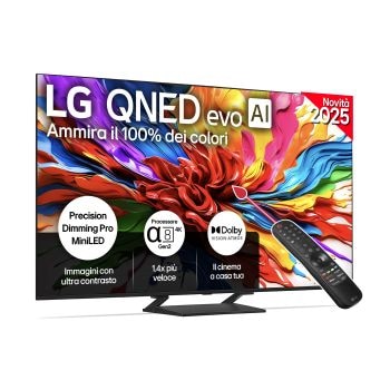 Vista frontale di una TV 65 pollici LG QNED evo AI QNED93 MiniLED 4K Smart TV 2025 65QNED93A6A