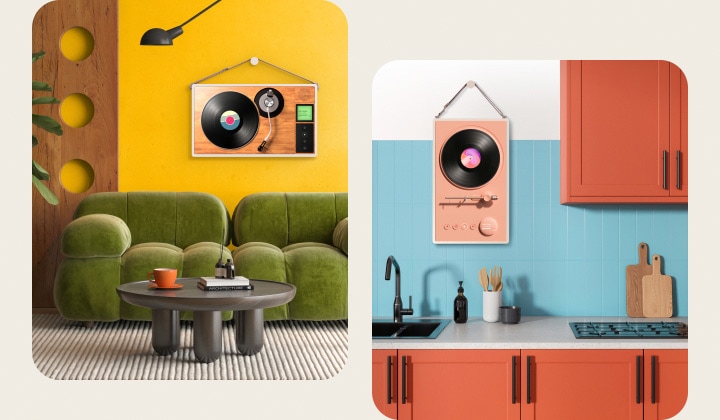 LG StanbyME 2 appeso alla parete in vari ambienti, con grafiche di giradischi musicale sullo schermo