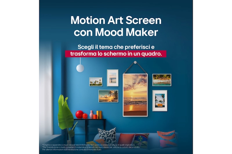 LG StanbyME 2 appeso alla parete con Motion Art Screen attivo. La funzione Mood Maker mostra un'opera d'arte, evidenziando come il dispositivo possa arricchire lo spazio con stile.