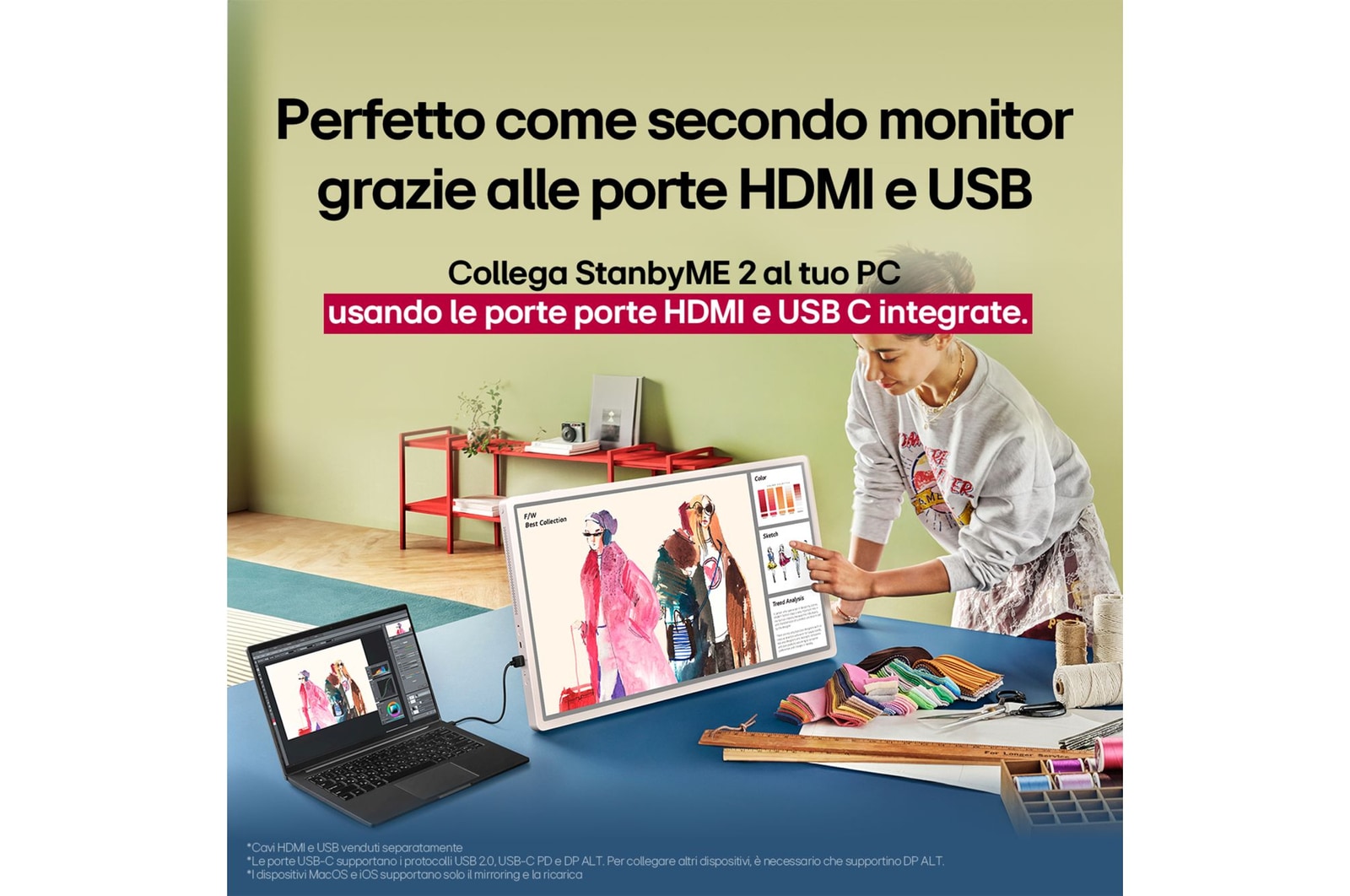 LG StanbyME 2 con una mano che interagisce con il touchscreen. Il testo sottolinea la facilità di connessione con altri dispositivi.
