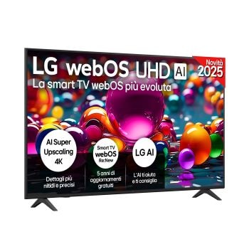 Vista frontale di una TV 65 pollici LG UHD AI UA75 4K Smart TV 2025 65UA75006LA
