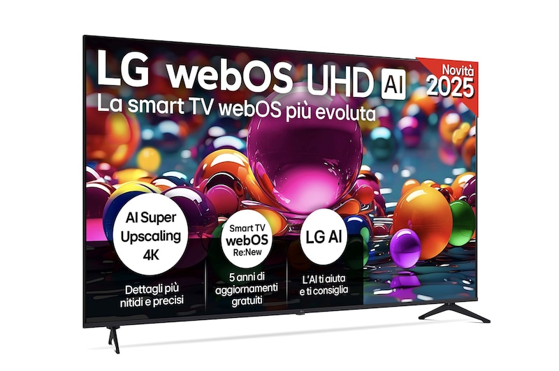 Vista frontale di una TV 75 pollici LG UHD AI UA75 4K Smart TV 2025 75UA75006LA