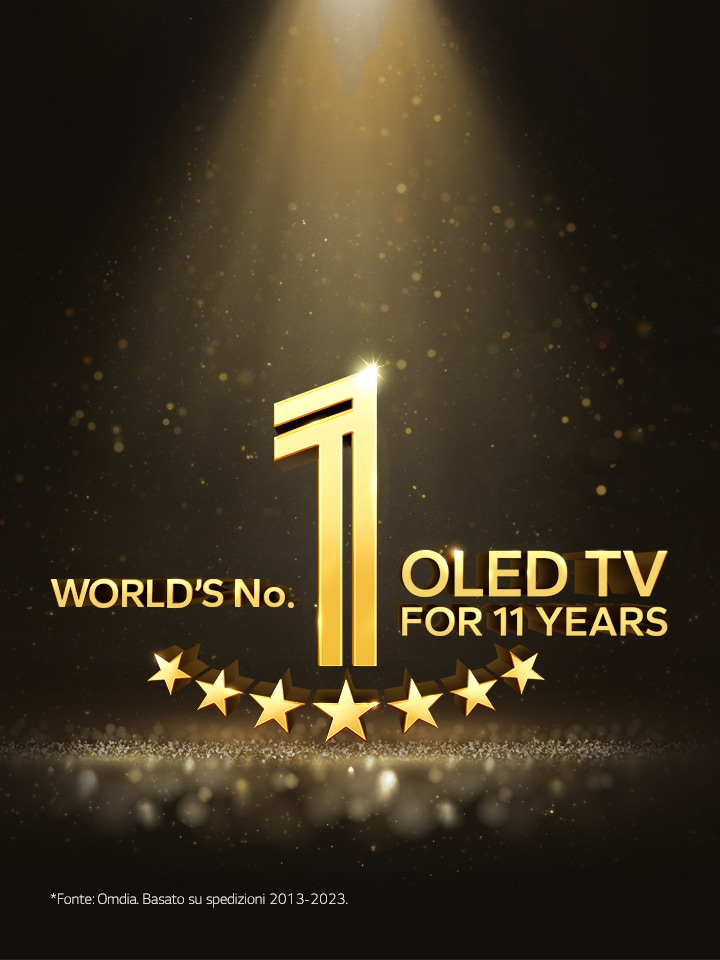 Un emblema dorato dell’OLED TV numero 1 al mondo da 11 anni su uno sfondo nero. Un riflettore brilla sull’emblema e stelle astratte dorate riempiono lo spazio.