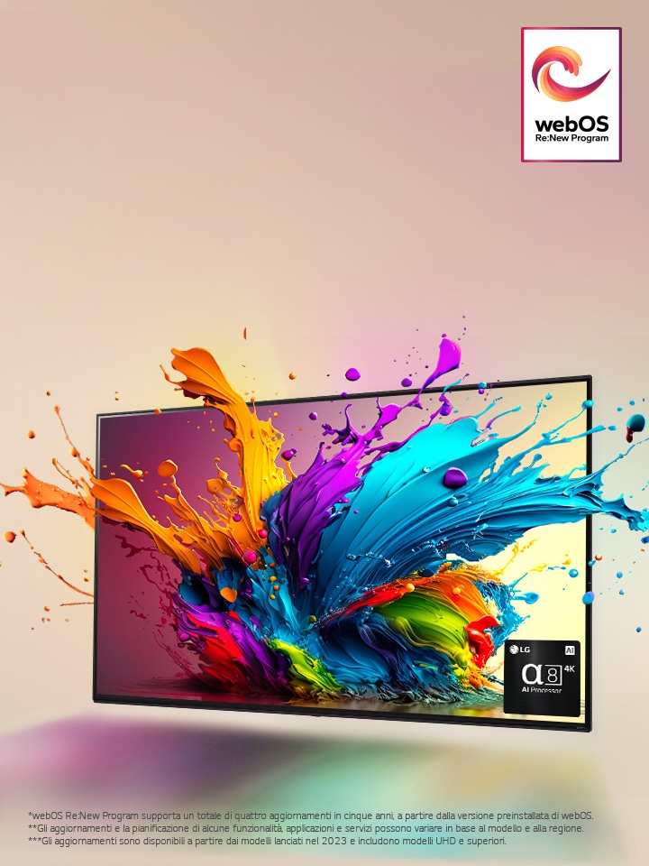 LG QNED TV su uno sfondo rosa pallido. Gocce di colore e onde di vernice esplodono dallo schermo e la luce si irradia, proiettando ombre colorate al di sotto. Il Processore alpha 8 si trova nell’angolo in basso a destra dello schermo del televisore.  Il logo “webOS Re:New Program” si trova nell’immagine. L’esclusione di responsabilità recita: “*webOS Re:New Program supporta un totale di quattro aggiornamenti in cinque anni, a partire dalla versione preinstallata di webOS. **Gli aggiornamenti e la pianificazione di alcune funzionalità, applicazioni e servizi possono variare in base al modello e alla regione. ***Gli aggiornamenti sono disponibili a partire dai modelli lanciati nel 2023 e includono modelli UHD e superiori”.