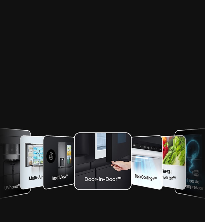 Una serie di frigoriferi LG è presentata con schede disposte in orizzontale, che mostrano funzioni come UVnano, Multi-Air Flow, InstaView, Door-in-Door, DoorCooling+ e Fresh Converter.