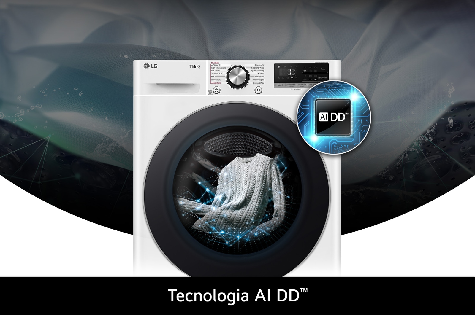 Lavatrice LG F4R7011TSWC da 11kg bianca, con tecnologia AI DD® che rileva intelligentemente il tessuto per una cura di lavaggio ottimale.