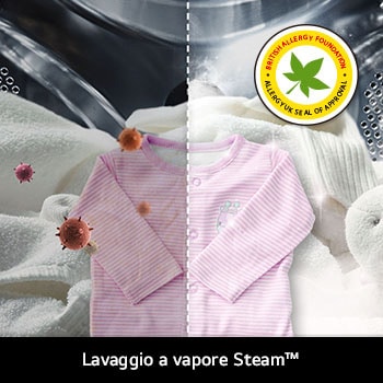 La tecnologia Steam™ di LG nella lavatrice F4R5011TSWW, che ne mostra l'effetto sulla riduzione degli allergeni, certificata dalla BAF.