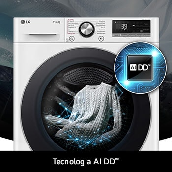 Lavatrice LG F4R7009TSWB da 9kg bianca, con tecnologia AI DD® che rileva intelligentemente il tessuto per una cura di lavaggio ottimale.