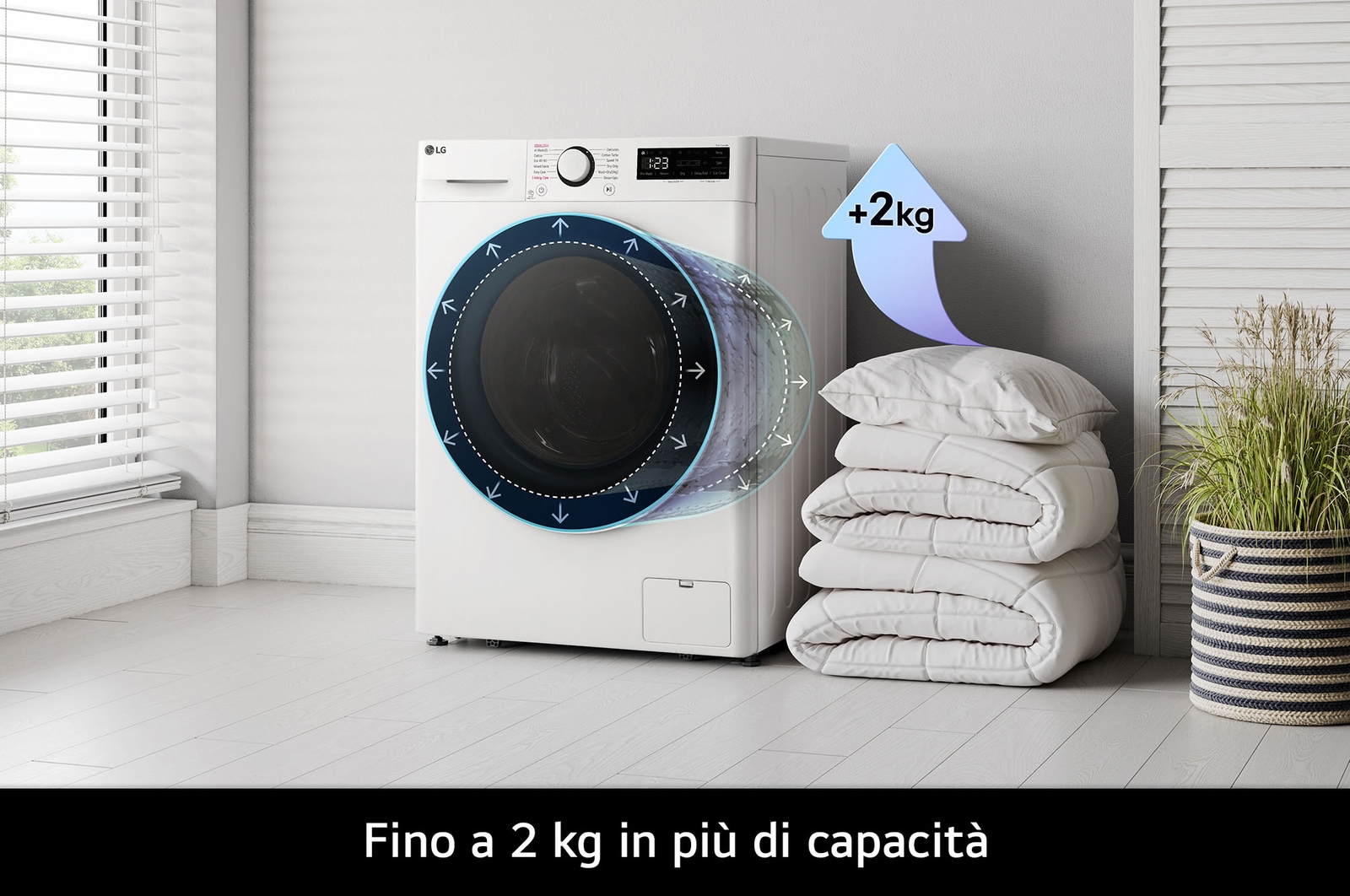 La lavatrice LG F4R3010NSWB bianca, che evidenzia la sua grande capacità del cesto di 10kg per lavare carichi più grandi in una sola volta.