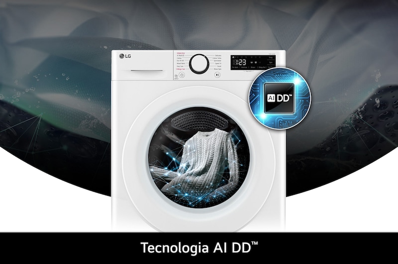 Lavatrice LG D4R3009NSWW da 9/6kg bianca, con tecnologia AI DD® che rileva intelligentemente il tessuto per una cura di lavaggio ottimale.