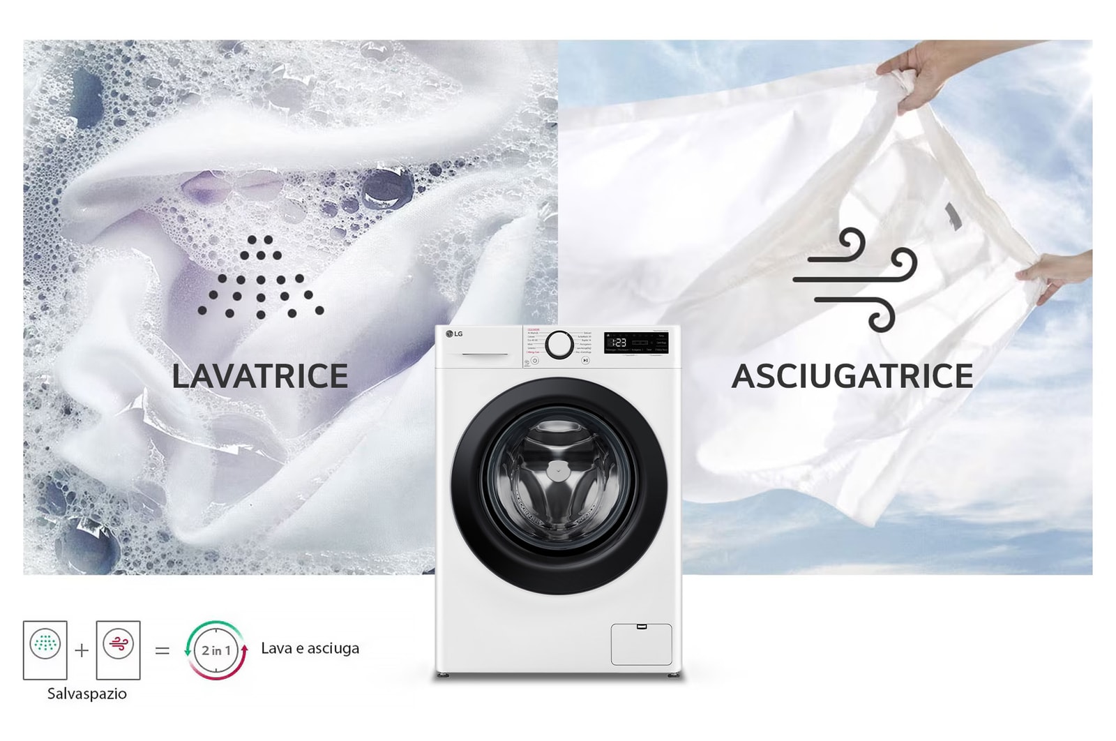 La lavasciuga LG D4R3009NSWB bianca, con capacità di 9kg in lavaggio e 6 kg in asciugatura, che ne illustra la funzionalità 2-in-1.