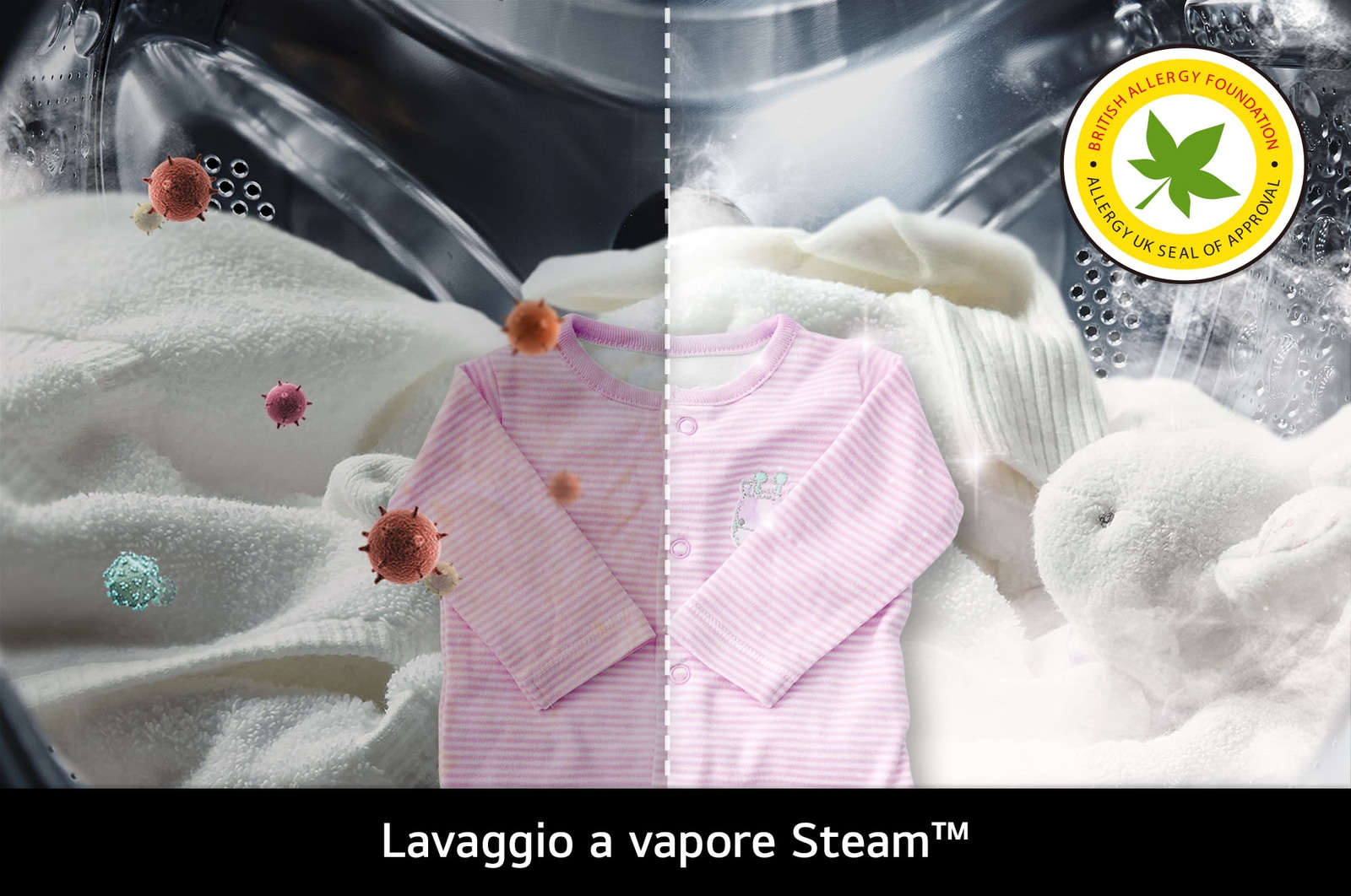 La tecnologia Steam™ di LG nella lavatrice D4R3009NSWB, che ne mostra l'effetto sulla riduzione degli allergeni, certificata dalla BAF.