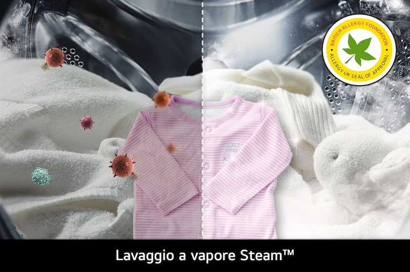 La tecnologia Steam™ di LG nella lavatrice D4R3009NSWB, che ne mostra l'effetto sulla riduzione degli allergeni, certificata dalla BAF.