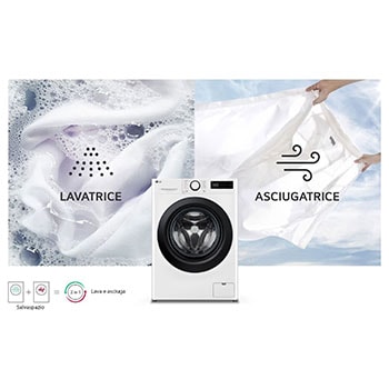 La lavasciuga LG D4R3009NSWB bianca, con capacità di 9kg in lavaggio e 6 kg in asciugatura, che ne illustra la funzionalità 2-in-1.