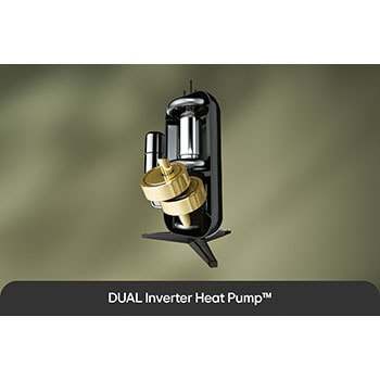 Asciugatrice LG RH10V9AV4W mostra la Tecnologia **Pompa di Calore DUAL Inverter™**: sezione del compressore con due rotori dorati che evidenziano efficienza e durata.