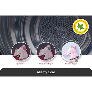 Asciugatrice LG RH10V9AV4W mostra il ciclo **Allergy Care**: visualizzazione della rimozione del 99,9% degli allergeni (es. acari) dal bucato, certificato BAF.