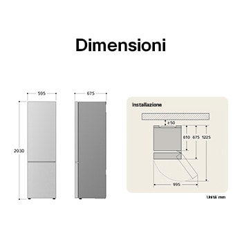 Frigorifero combinato LG disegno tecnico: A 2030, L 595, P 675 mm, con misure di installazione e $\ge$50 mm di spazio dalla parete.