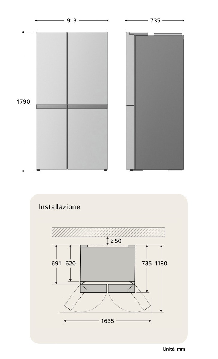 Frigorifero Side-by-Side LG che mostra le dimensioni di installazione e il formato prodotto, inclusa altezza di 1790 mm, larghezza di 913 mm e profondità di 735 mm.
