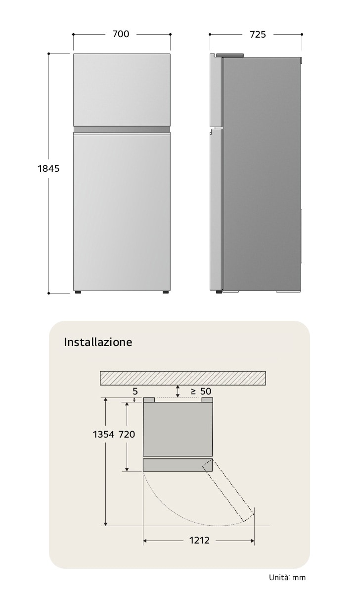 Frigorifero Top-Freezer LG disegno tecnico: A 1845, L 700, P 725 mm, con misure di installazione e $\ge$50 mm di spazio dalla parete.
