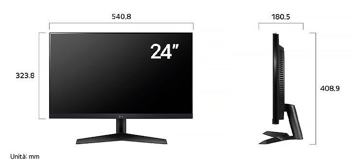 Monitor Gaming LG UltraGear 24GS60F che mostra le dimensioni, misurando 540.8 mm di larghezza, 323.8 mm di altezza display, 408.9 mm di altezza totale e 180.5 mm di profondità.