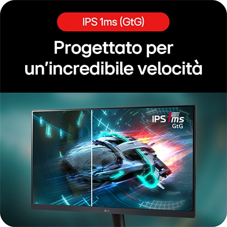 Monitor Gaming LG UltraGear 24GS60F, che offre immagini nitide da qualsiasi angolazione grazie al pannello IPS e al tempo di risposta di 1 ms (GtG).