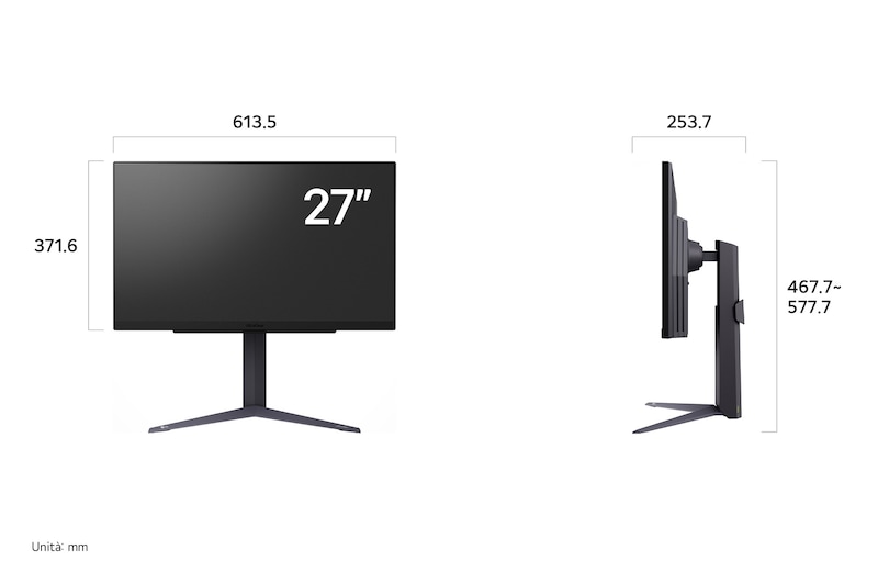 Monitor Gaming LG UltraGear 27GS75Q-B che mostra le dimensioni, misurando 613.5 mm di larghezza, 371.6 mm di altezza display, 467.7 - 577.7 mm di altezza totale e 253.7 mm di profondità.