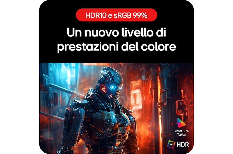 Monitor Gaming LG UltraGear 27GS75Q-B, che permette di godere di colori fedeli grazie al supporto HDR10 e alla copertura della gamma colori sRGB 99% (Tip.).
