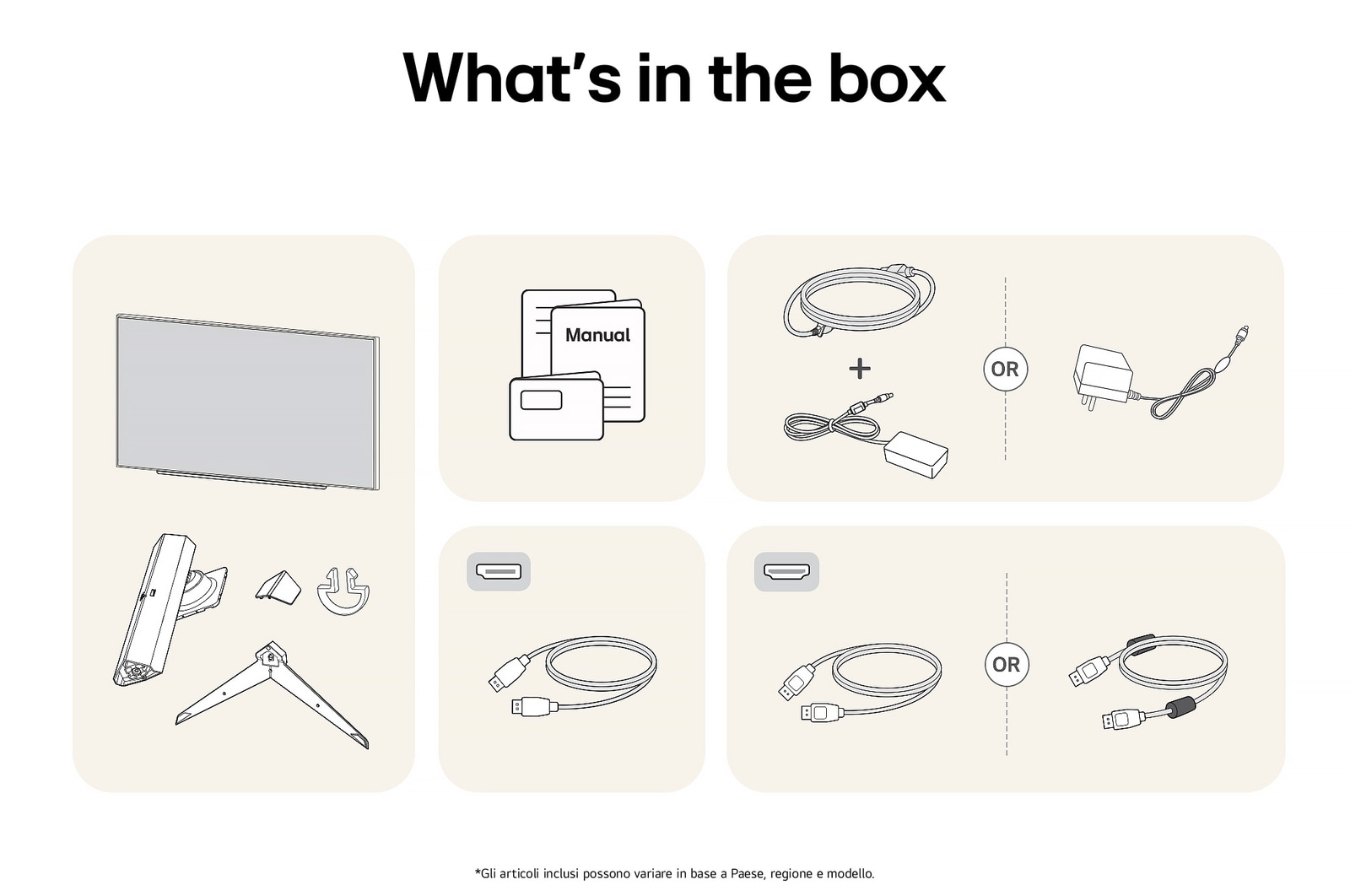 Monitor Gaming LG UltraGear 27GS75Q-B che mostra una panoramica di tutti i componenti inclusi, tra cui corpo monitor, parti del supporto, manuale e cavi HDMI, DP e USB.