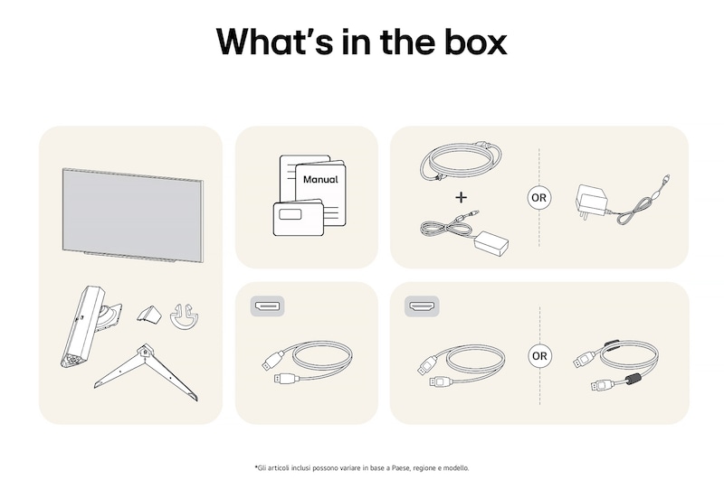 Monitor Gaming LG UltraGear 27GS75Q-B che mostra una panoramica di tutti i componenti inclusi, tra cui corpo monitor, parti del supporto, manuale e cavi HDMI, DP e USB.