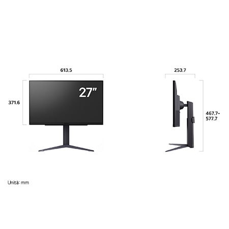 Monitor Gaming LG UltraGear 27GS75Q-B che mostra le dimensioni, misurando 613.5 mm di larghezza, 371.6 mm di altezza display, 467.7 - 577.7 mm di altezza totale e 253.7 mm di profondità.