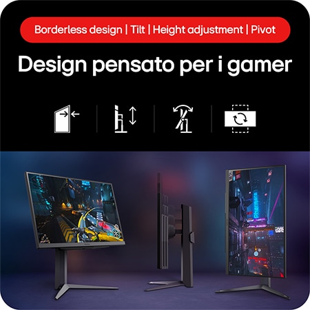 Monitor Gaming LG UltraGear 27GS75Q-B che mostra il suo Design Orientato al Giocatore con funzionalità Design senza Bordi, Inclinazione, Regolazione dell'Altezza e Pivot.