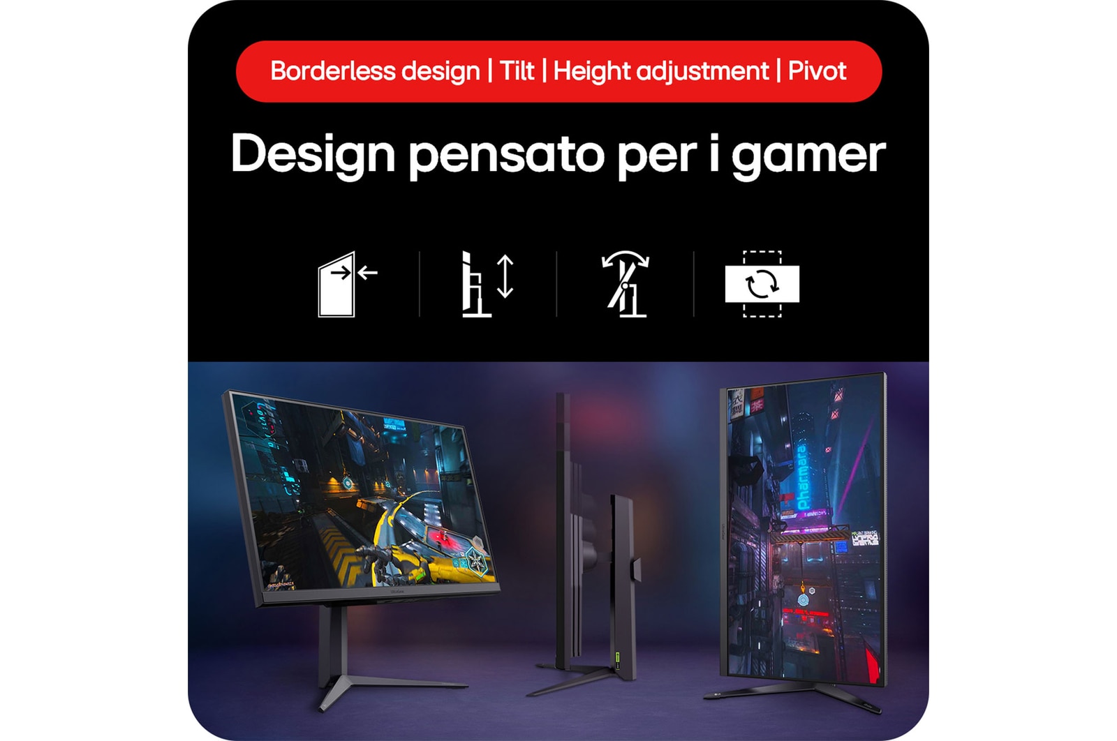 Monitor Gaming LG UltraGear 32GS75Q che mostra il suo Design Orientato al Giocatore con Design senza Bordi, Inclinazione, Regolazione dell'Altezza e funzione Pivot.