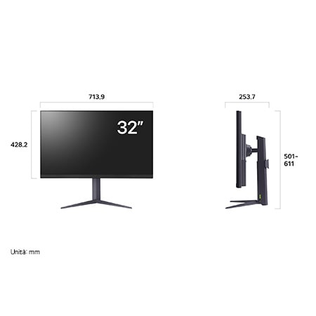 Monitor Gaming LG UltraGear 32GS75Q che mostra le dimensioni del prodotto con profili frontali e laterali, inclusa larghezza di 713.9 mm, altezza del display di 428.2 mm, altezza totale di 501 - 611 mm e profondità di 253.7 mm.